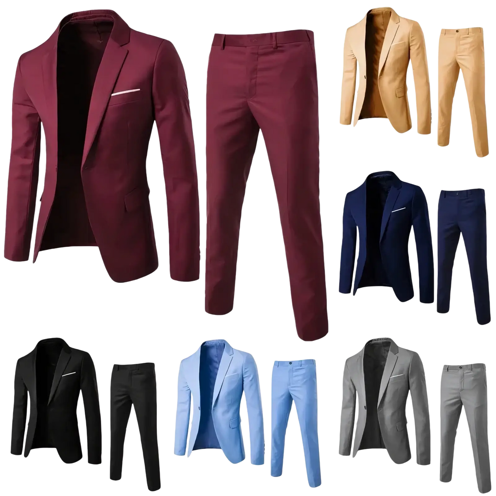 Men slim fit two piece suit formal dress featuring a maroon blazer with tailored fit and matching trousers