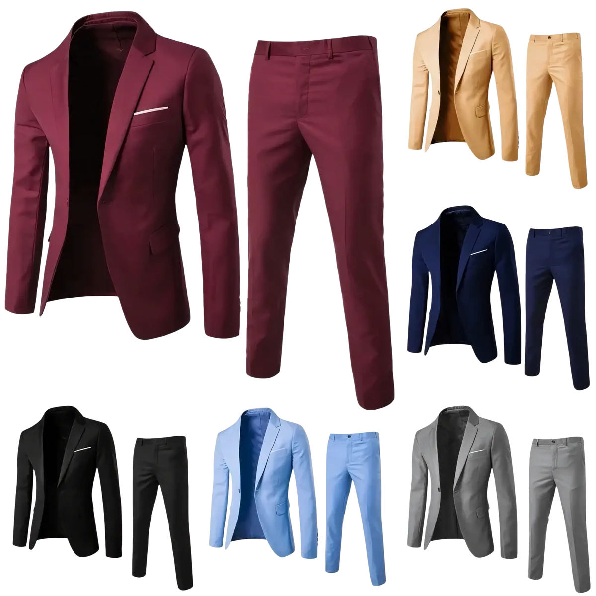 Men slim fit two piece suit formal dress featuring a maroon blazer with tailored fit and matching trousers