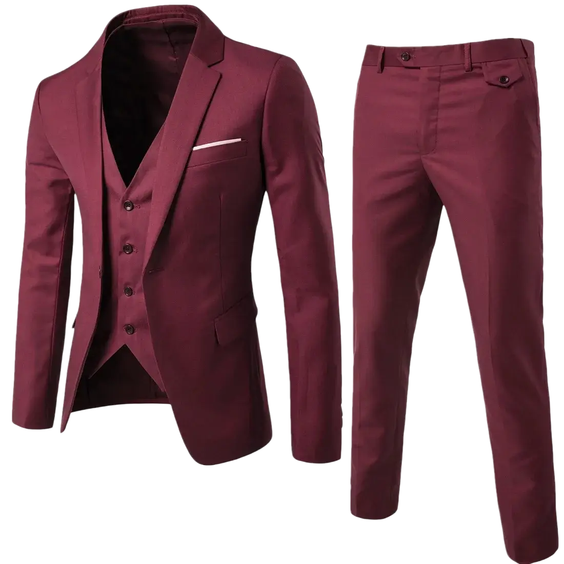 Mens slim fit two piece suit featuring a maroon three-piece set with tailored blazer vest and smooth fabric trousers