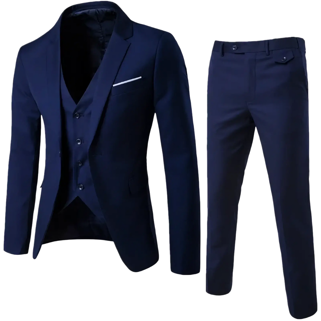 Navy blue mens slim fit three-piece suit with notched lapel jacket vest and tailored trousers for formal dress