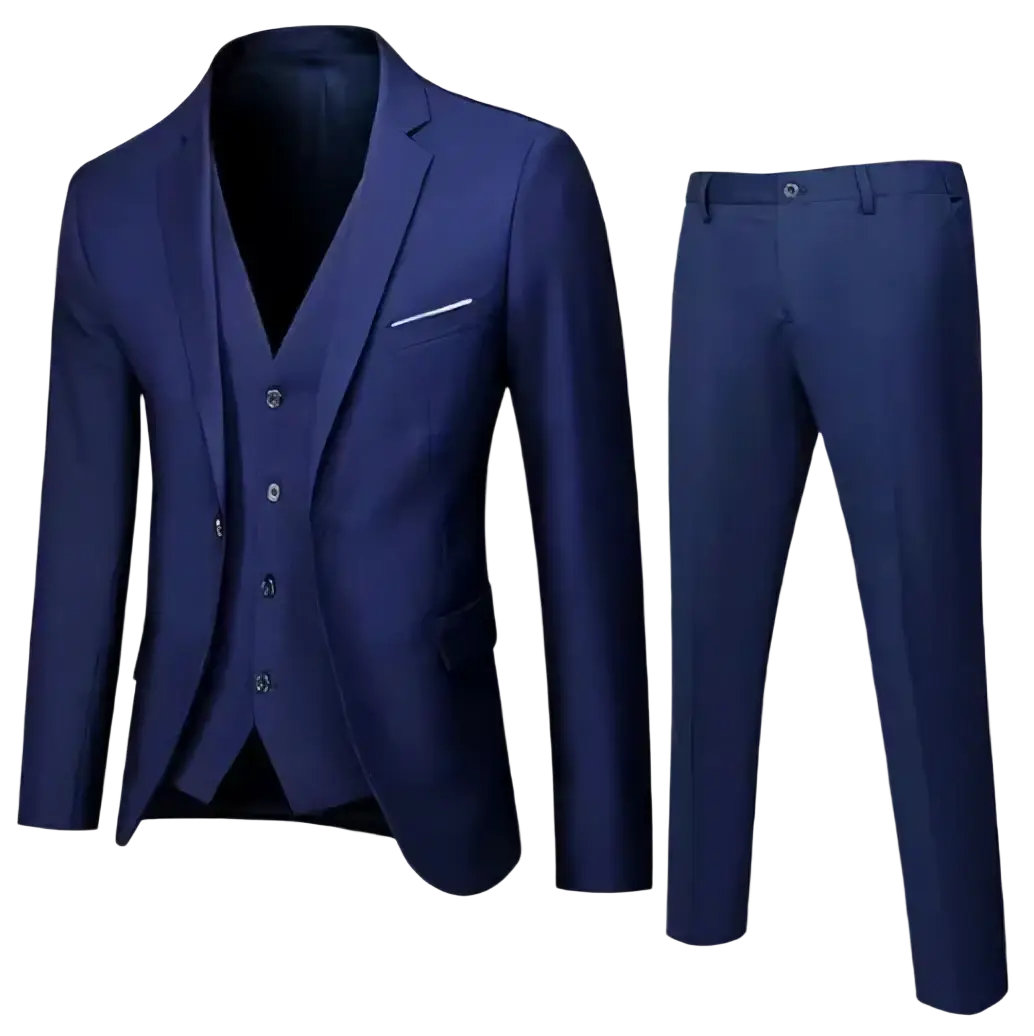 Navy blue mens slim fit three-piece suit with matching trousers and vest for formal dress occasions