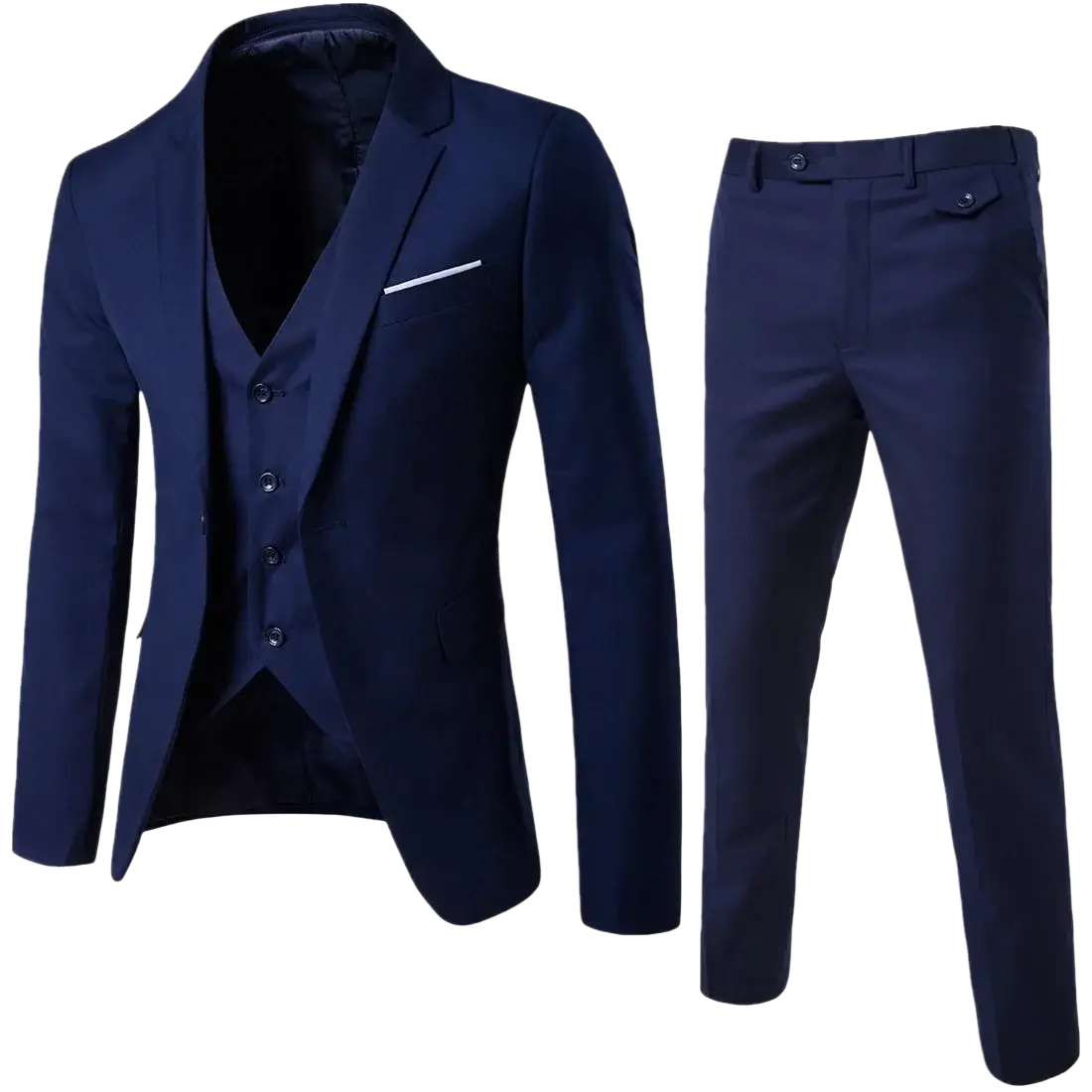 Navy blue slim fit three-piece suit with notched lapel jacket vest and tailored trousers for formal dress use