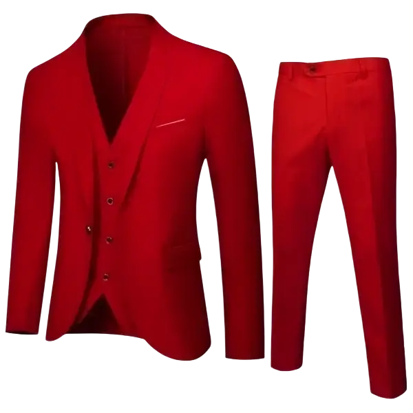 Red mens slim fit three-piece suit with tailored blazer vest and trousers for formal dress occasions