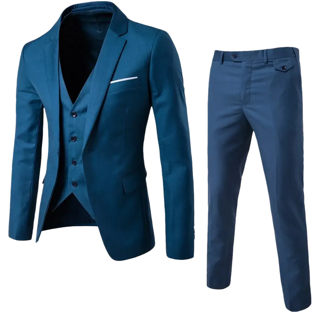 Teal slim fit mens three-piece suit with blazer vest and trousers for formal dress occasions