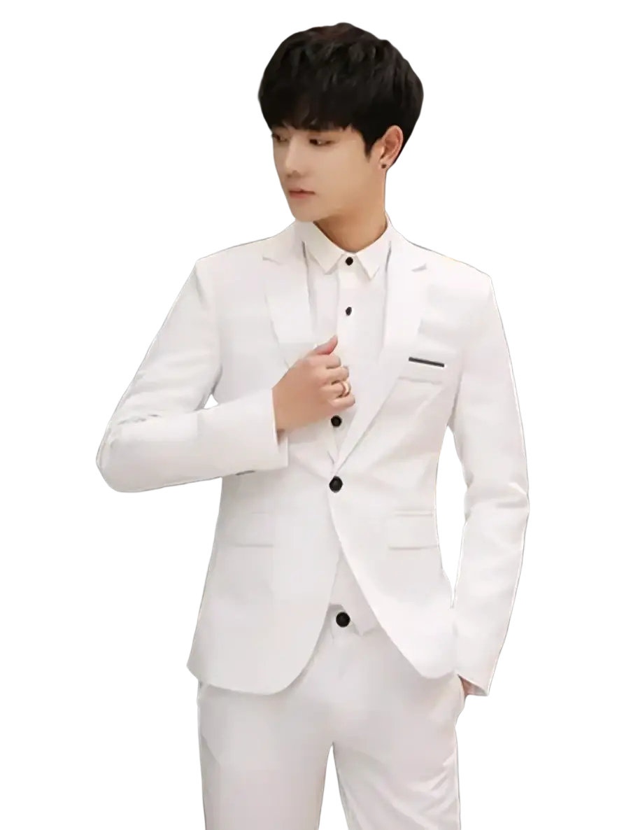 Mens slim fit formal two piece suit in white with black buttons and subtle pocket details for dress occasions