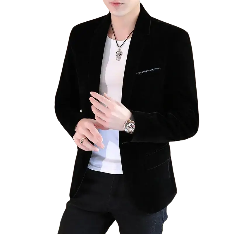 Black slim fit velvet blazer jacket for men shown from the back side highlighting its texture and tailored fit