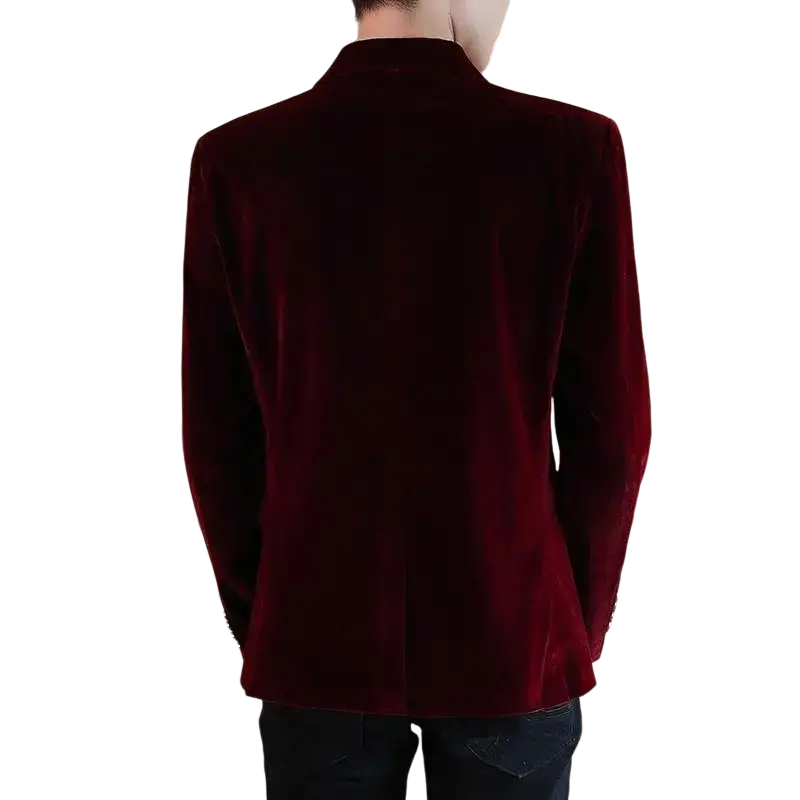 Men’s slim fit velvet blazer jacket in rich burgundy with classic tailored fit and subtle button detailing on cuffs