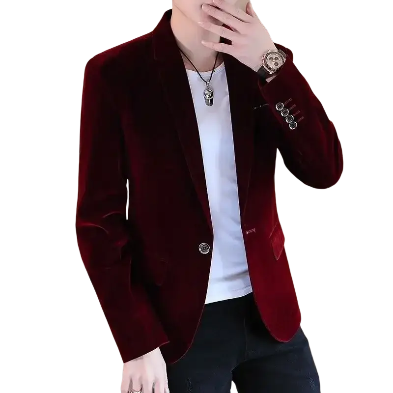 Men’s slim fit velvet blazer jacket in rich burgundy with tailored fit and subtle metallic button accents