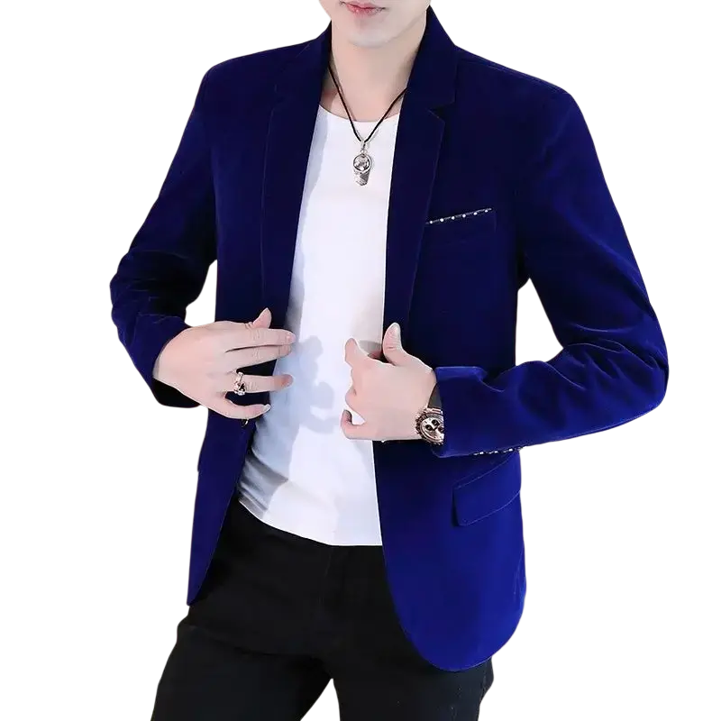 Men’s slim fit velvet blazer jacket in rich royal blue with tailored fit and metallic stud detail on breast pocket
