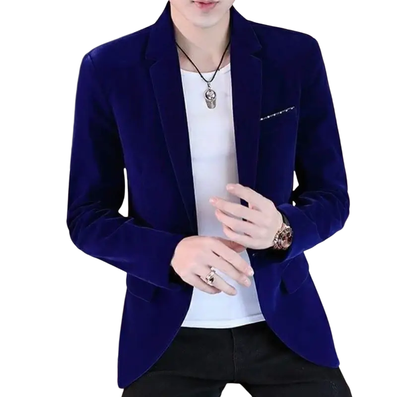Men’s slim fit royal blue velvet blazer jacket with sleek tailored fit and subtle pocket detail