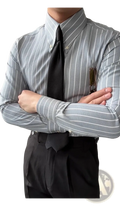 Men’s slim fit vertical striped gray and white long sleeve business shirt with classic collar worn with black tie