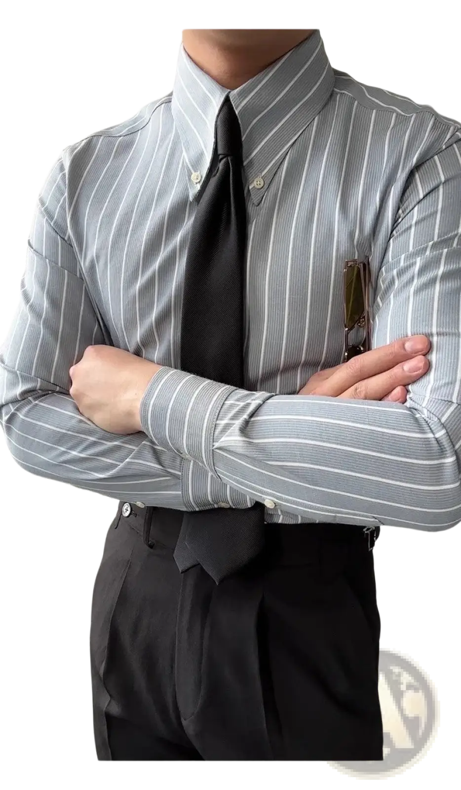 Men’s slim fit vertical striped gray and white long sleeve business shirt with classic collar worn with black tie