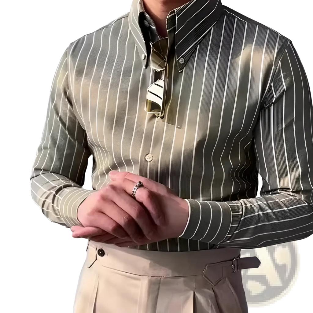 Men’s slim fit vertical striped long sleeve business shirt in olive green and white with a subtle sheen finish