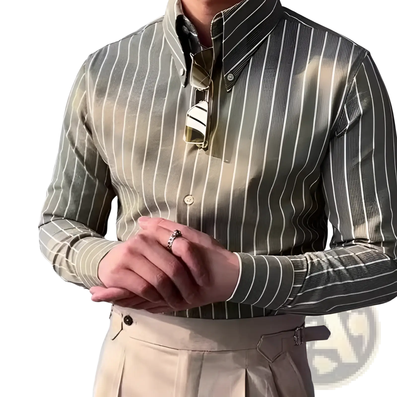Men’s slim fit vertical striped long sleeve business shirt in olive green and white with a subtle sheen finish