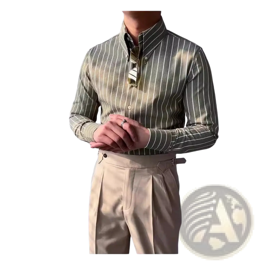 A man wearing a men’s slim fit vertical striped long sleeve business shirt in olive green and cream colors