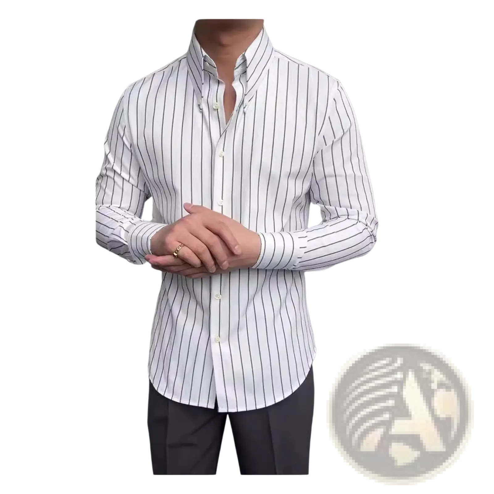 Men’s slim fit white button-down shirt with black vertical stripes long sleeves classic collar for business wear
