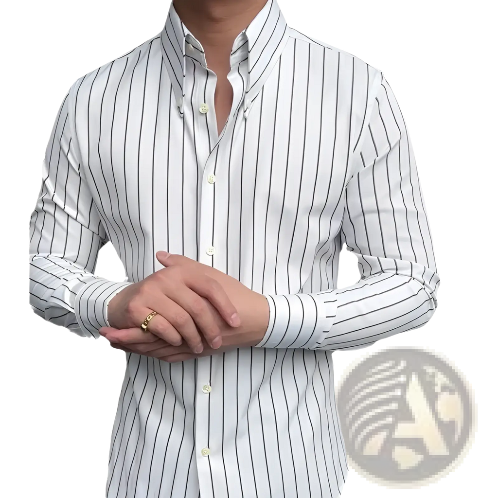 Men’s slim fit long sleeve business shirt in crisp white with slim black vertical stripes and classic collar