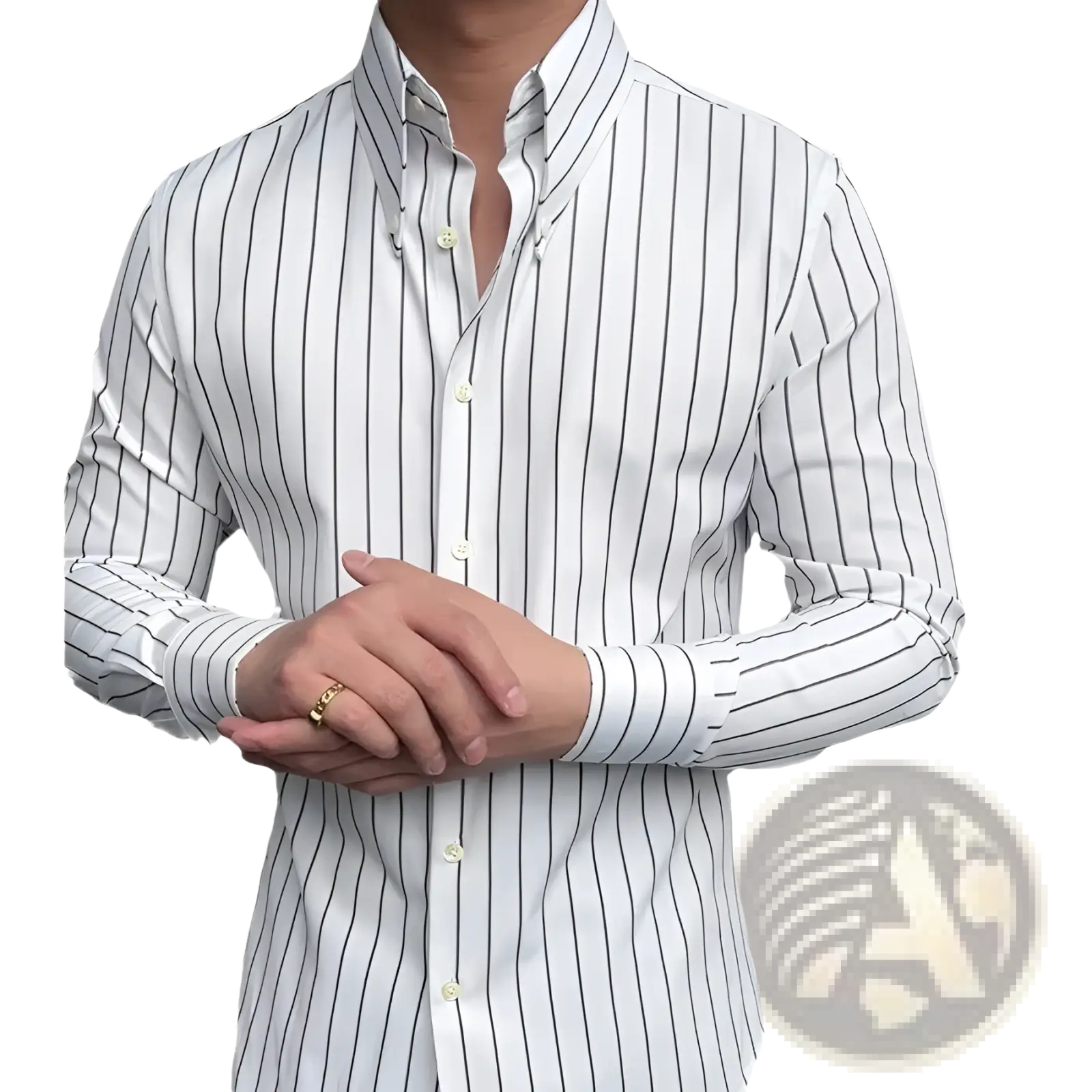 Men’s slim fit long sleeve business shirt in crisp white with slim black vertical stripes and classic collar