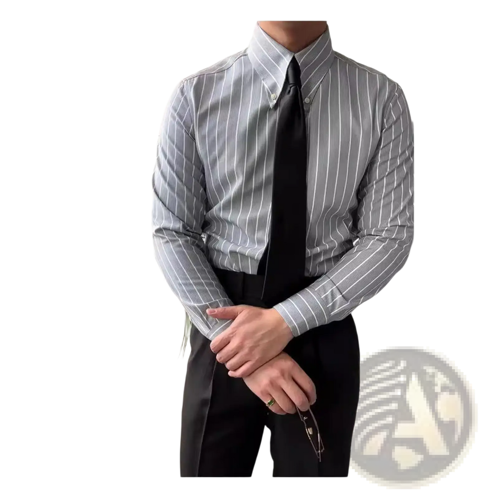 Men’s slim fit vertical striped gray and white button-down long sleeve business shirt with classic collar