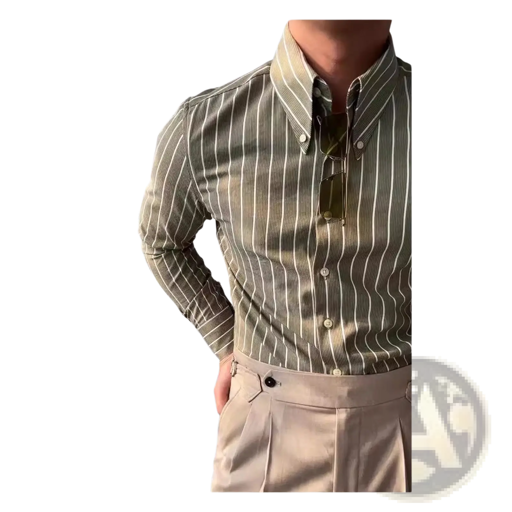 Men’s slim fit long sleeve business shirt with vertical olive and cream stripes, classic collar, and white buttons