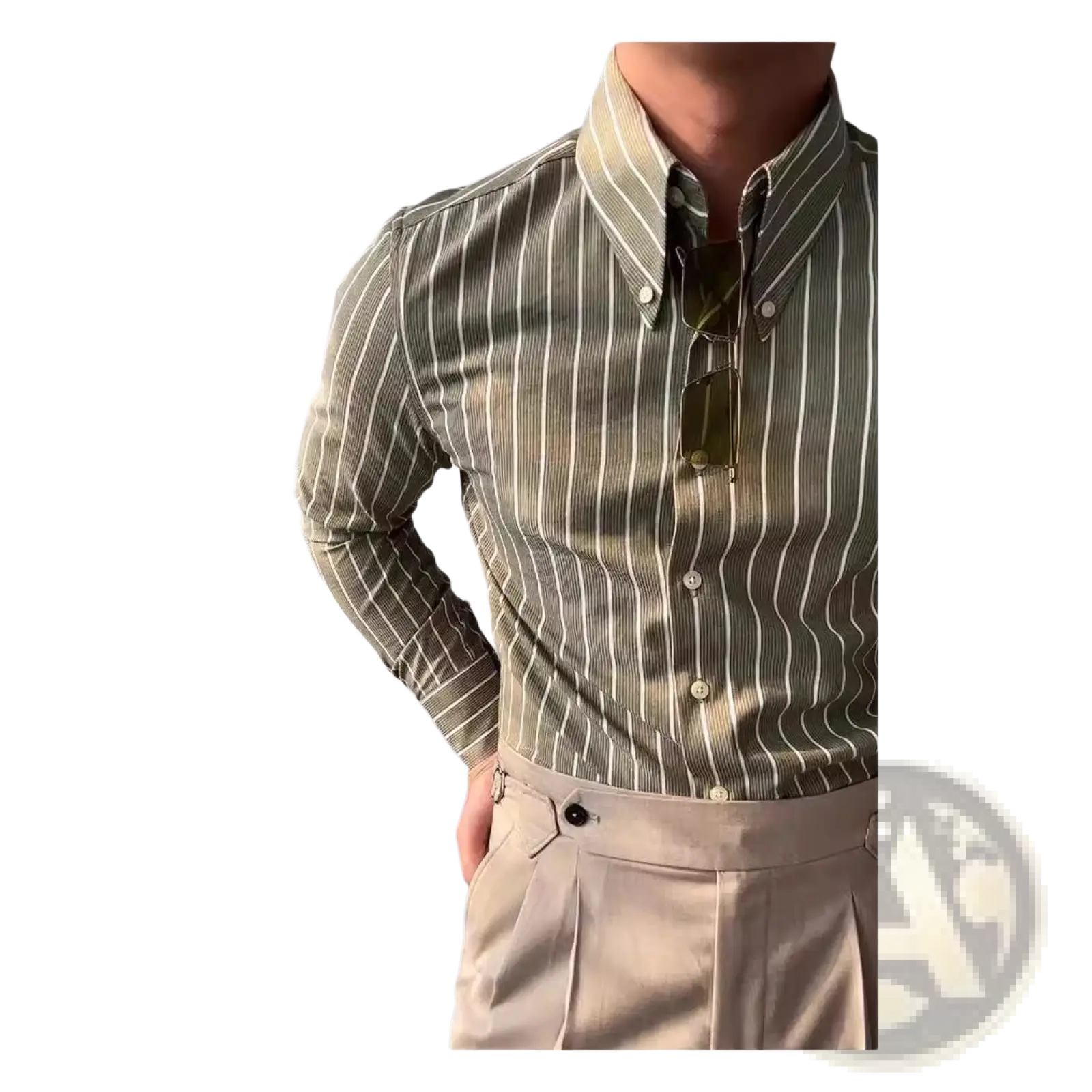 Men’s slim fit long sleeve business shirt with vertical olive and cream stripes, classic collar, and white buttons