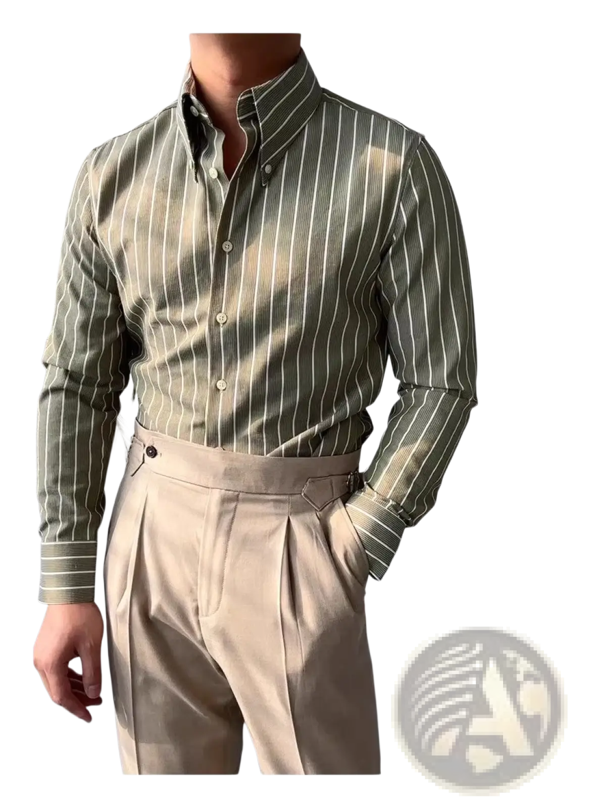 Men’s slim fit vertical striped long sleeve business shirt in olive green and white with a classic collar and tailored fit