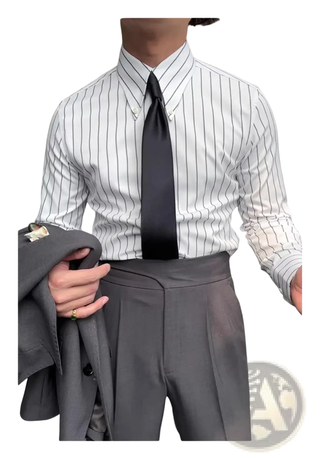Men’s slim fit business shirt in crisp white with thin black vertical pinstripes and a button-down collar