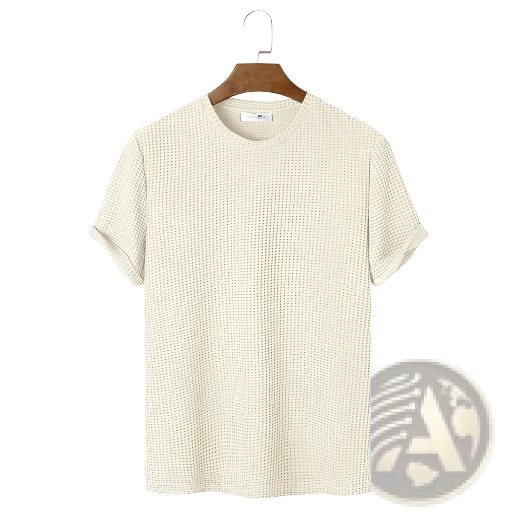 Men’s slim fit off-white waffle knit henley t-shirt in cotton with classic crew neck and short sleeves