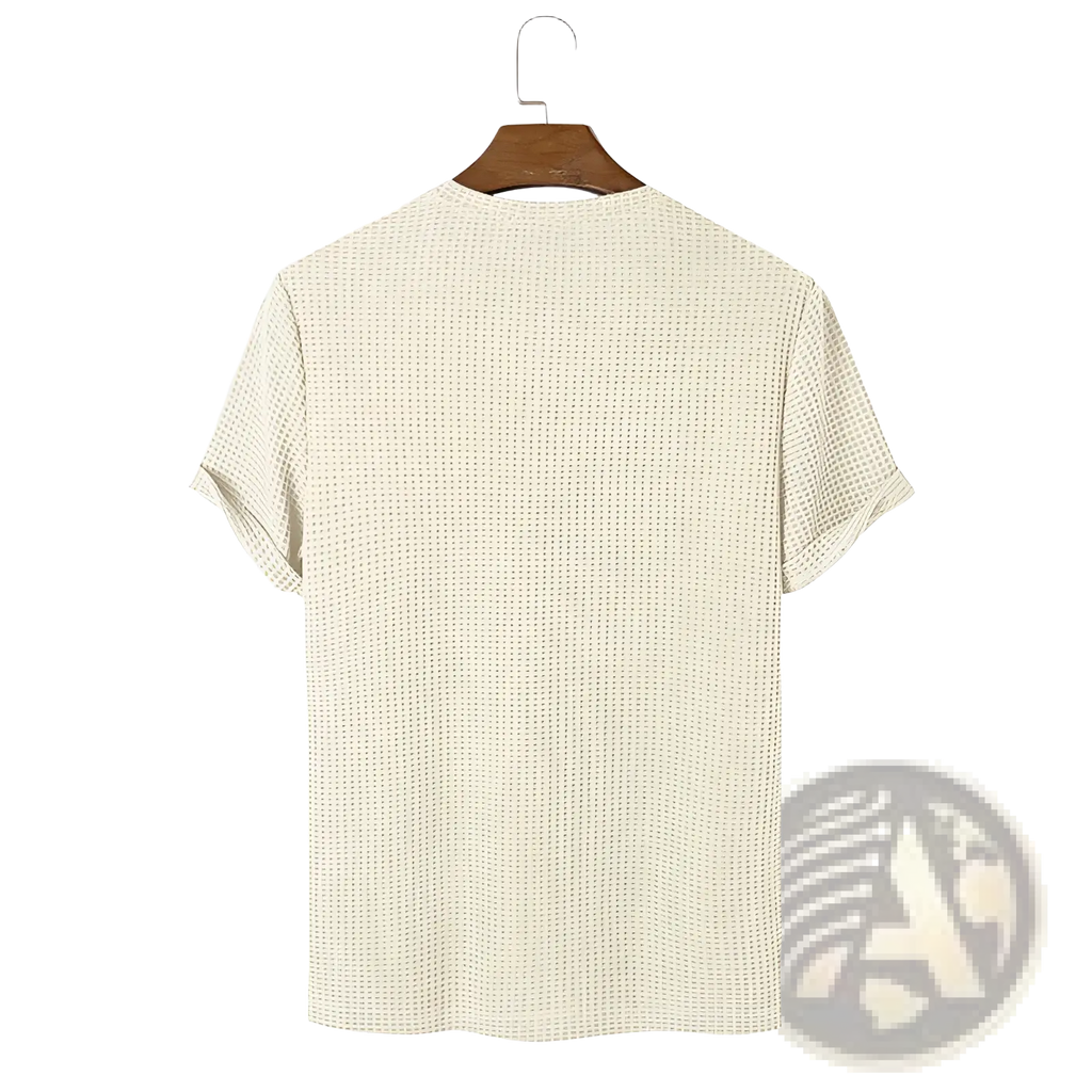 Beige men’s slim fit waffle knit henley short-sleeved t-shirt hanging on a wooden hanger displayed front side