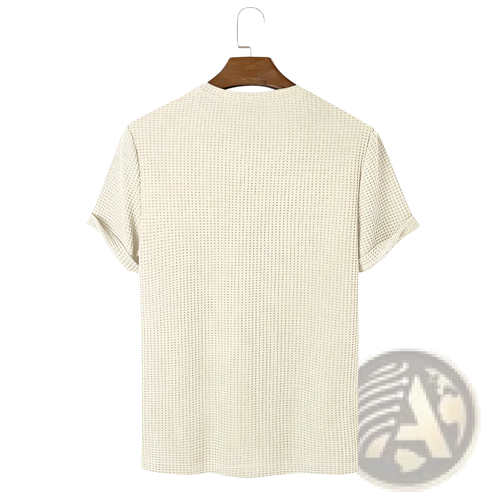 Beige men’s slim fit waffle knit henley short-sleeved t-shirt hanging on a wooden hanger displayed front side