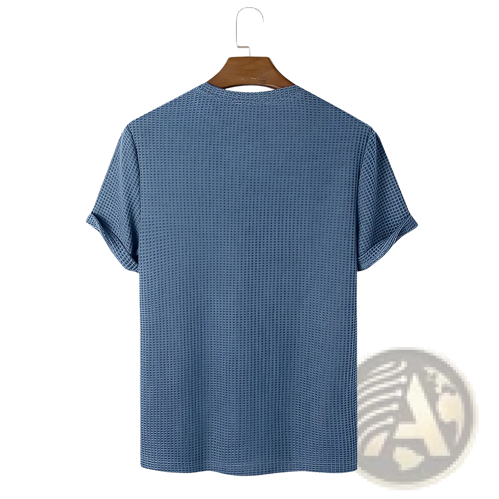 Men’s slim fit blue waffle knit cotton t-shirt with round neckline and short sleeves
