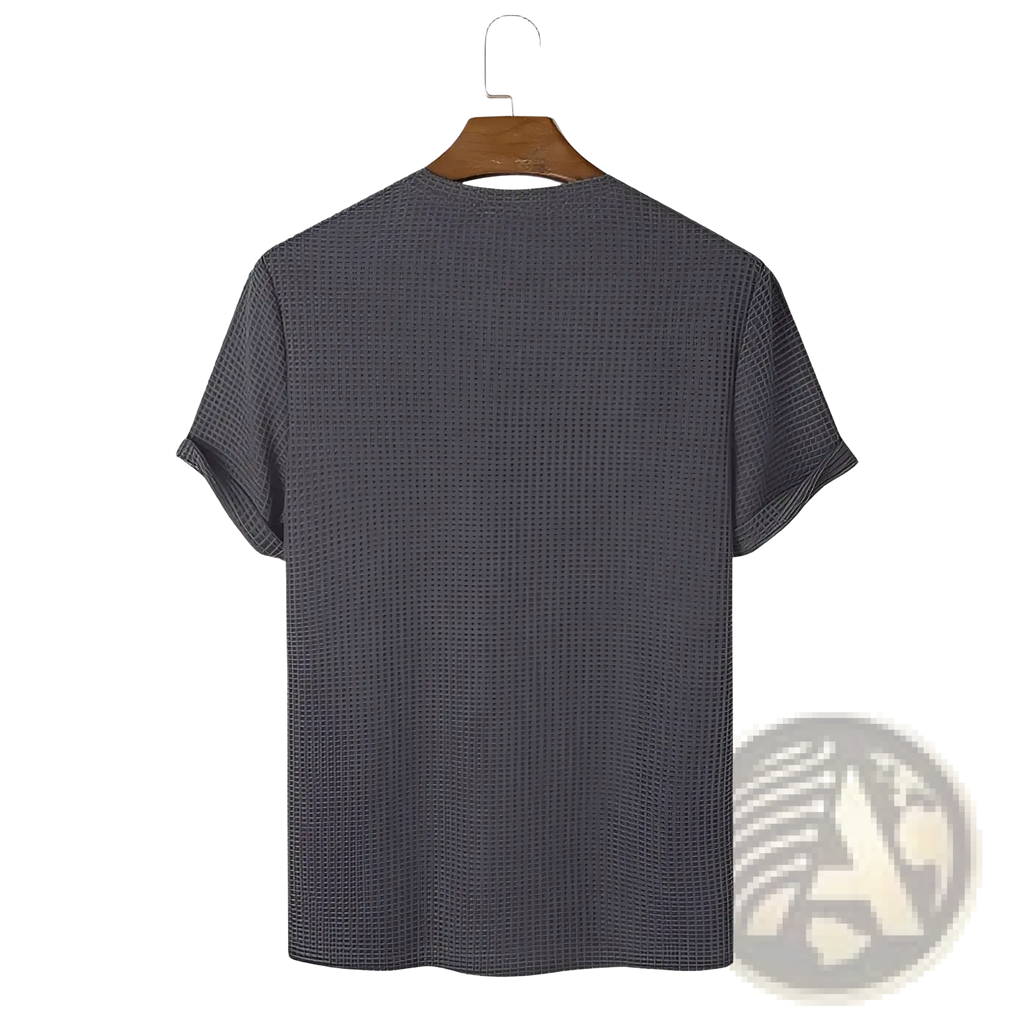 Men’s slim fit dark gray waffle knit cotton t-shirt with short sleeves and round neckline hanging on wooden hanger