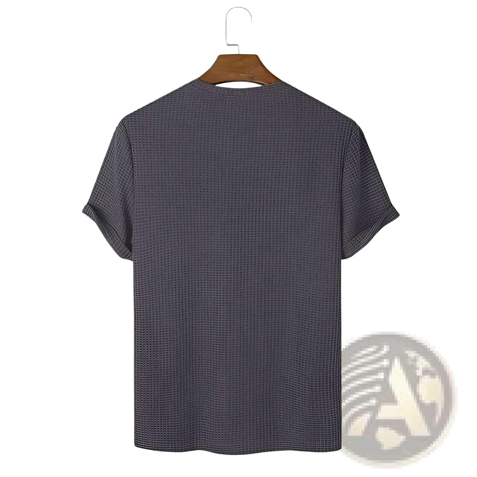 Men’s slim fit dark gray waffle knit cotton t-shirt with short sleeves and round neckline hanging on wooden hanger