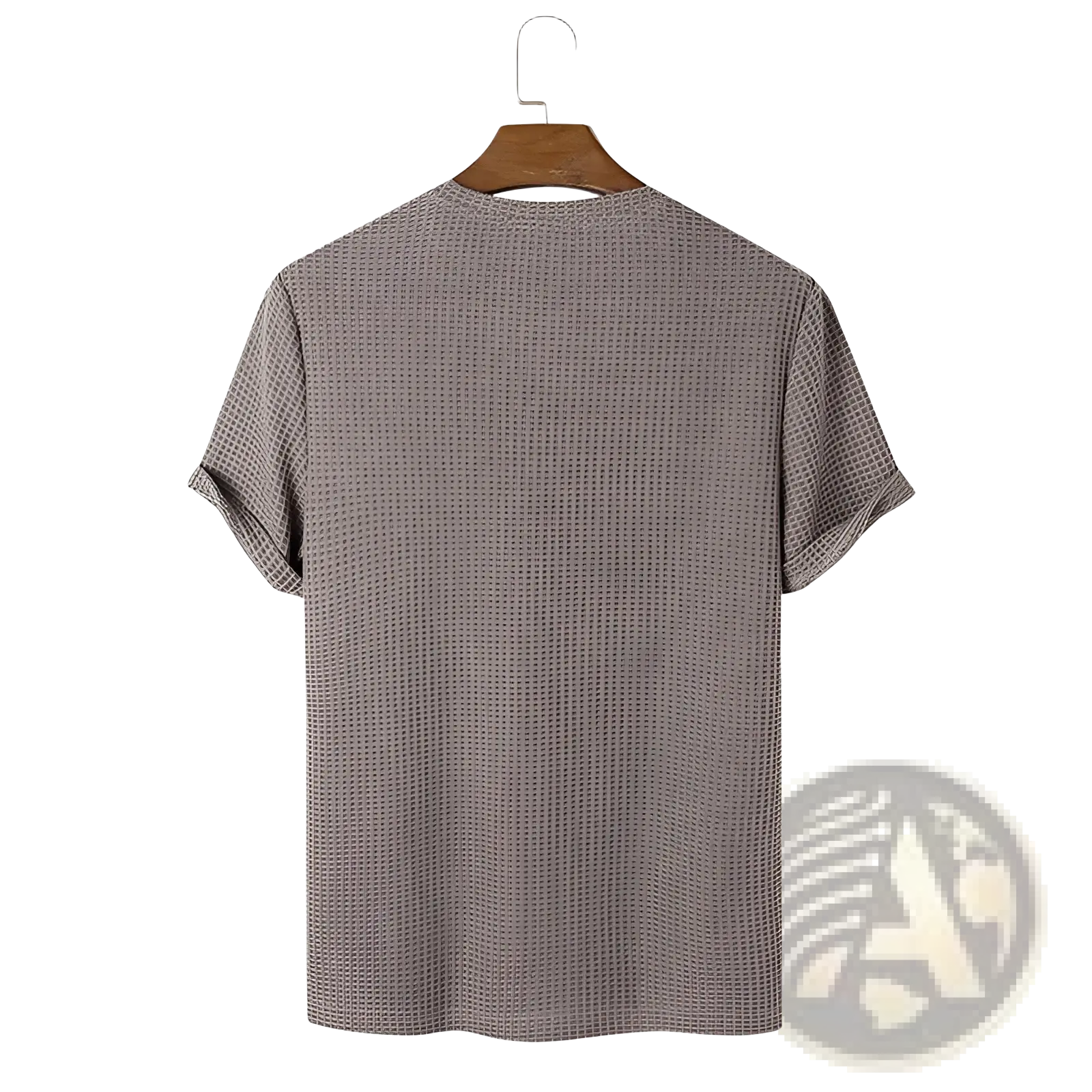 Gray slim fit waffle knit henley t-shirt for men made of cotton with round neckline and short sleeves