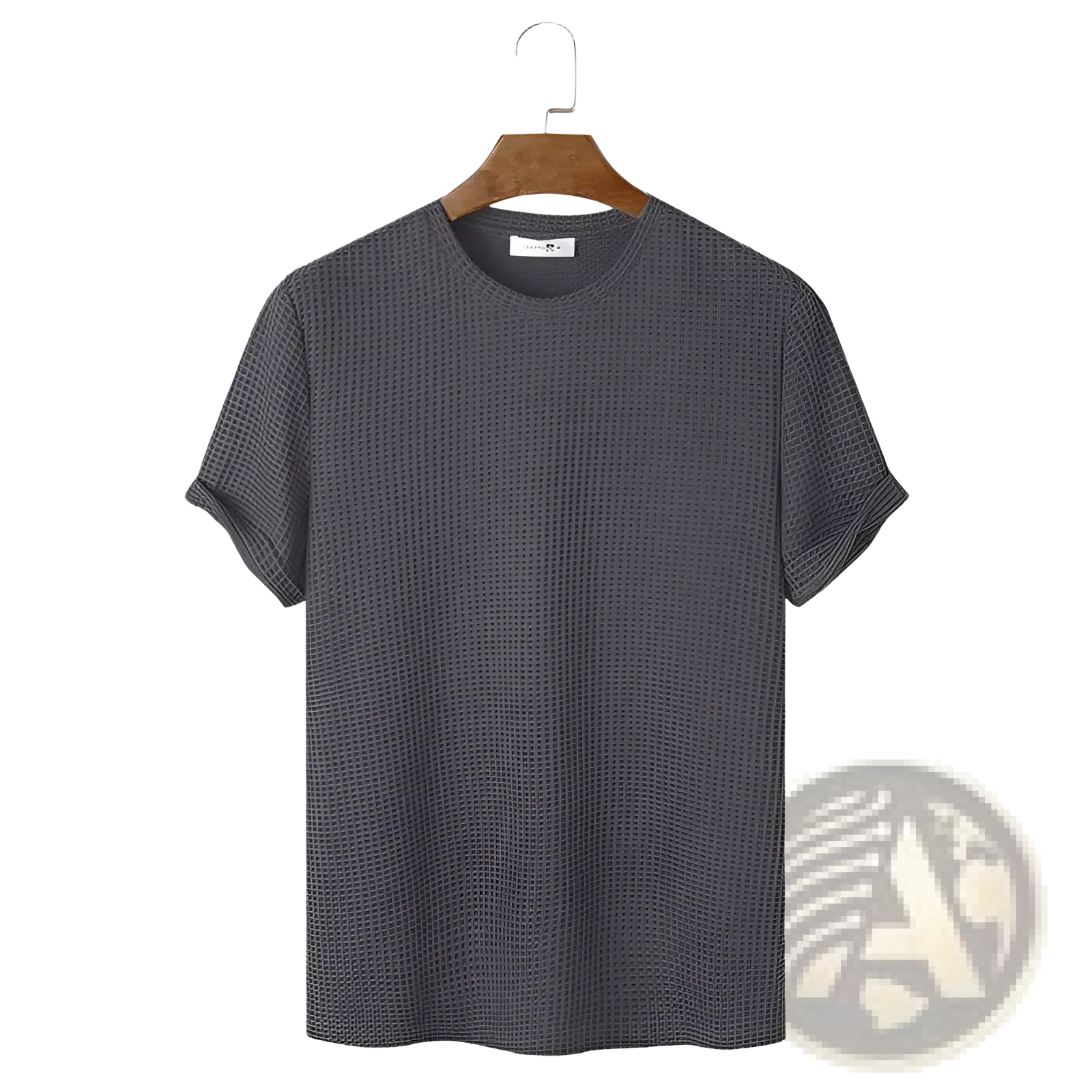 Dark gray slim fit waffle knit henley t-shirt made of cotton with short sleeves hanging on a wooden hanger