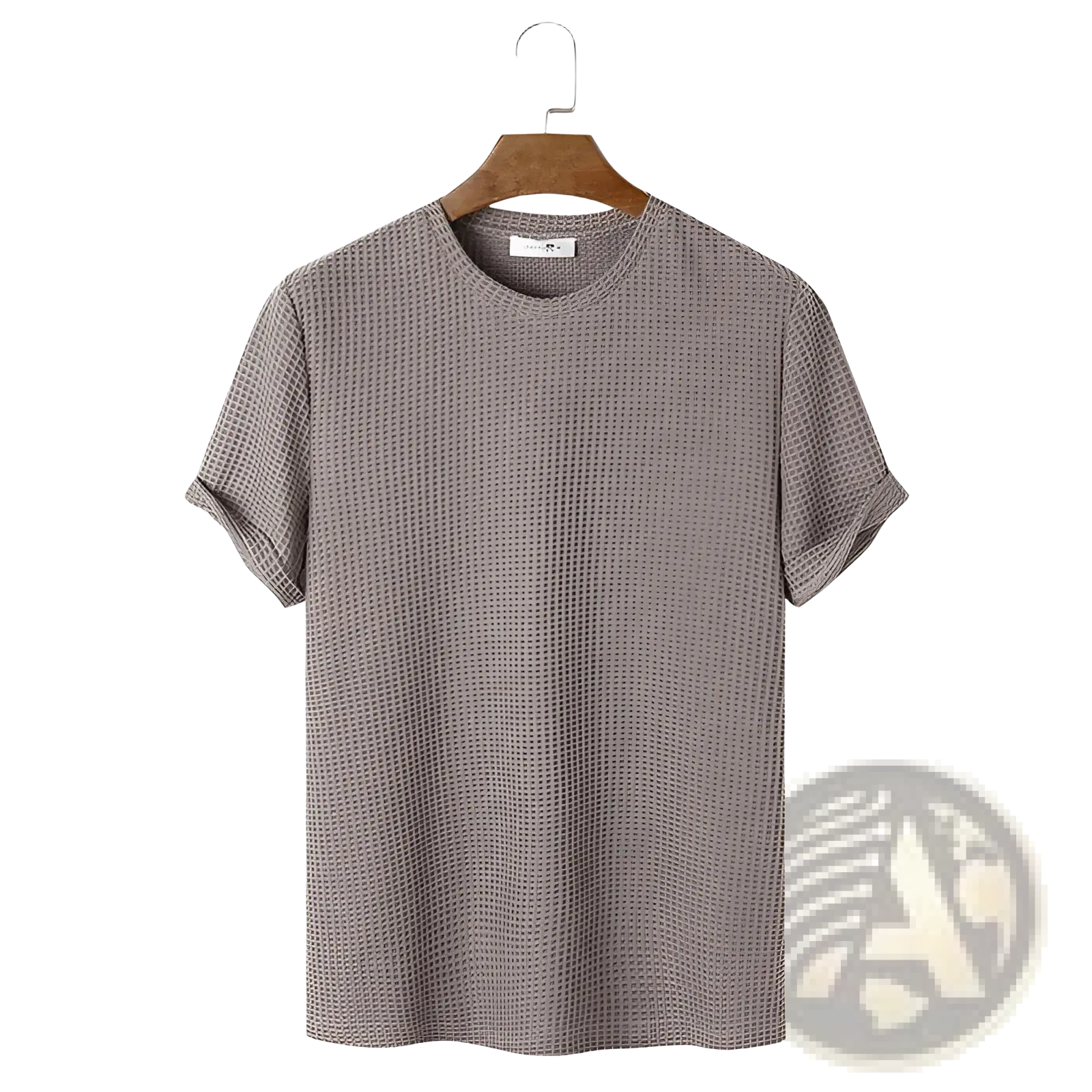 Men’s slim fit gray waffle knit cotton henley t-shirt with crew neck and rolled-up sleeves hanging on wooden hanger
