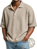 Beige slim fit men’s waffle knit short sleeve polo shirt with collar and white buttons