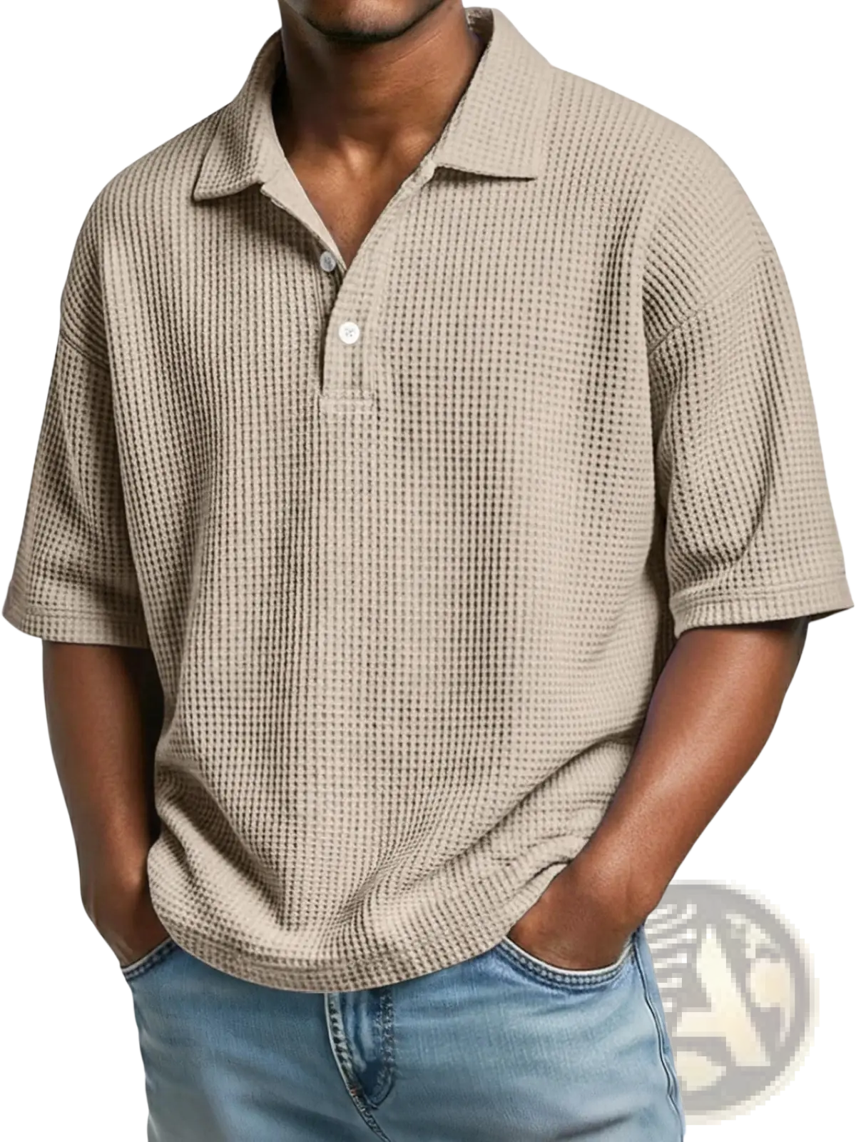 Beige slim fit men’s waffle knit short sleeve polo shirt with collar and white buttons