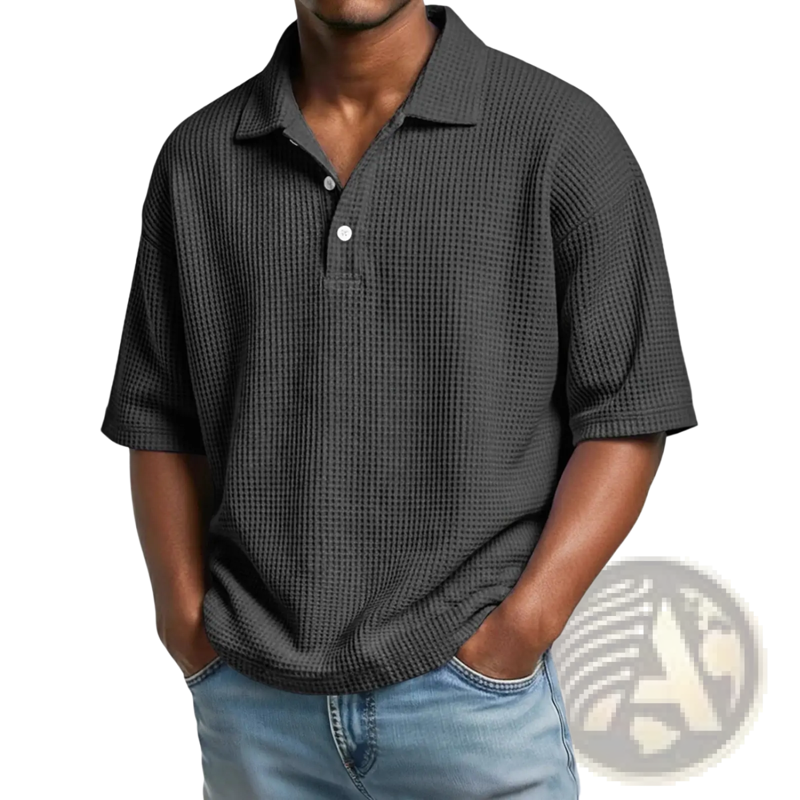Men’s slim fit waffle knit short sleeve polo shirt in dark gray with collar and two white buttons
