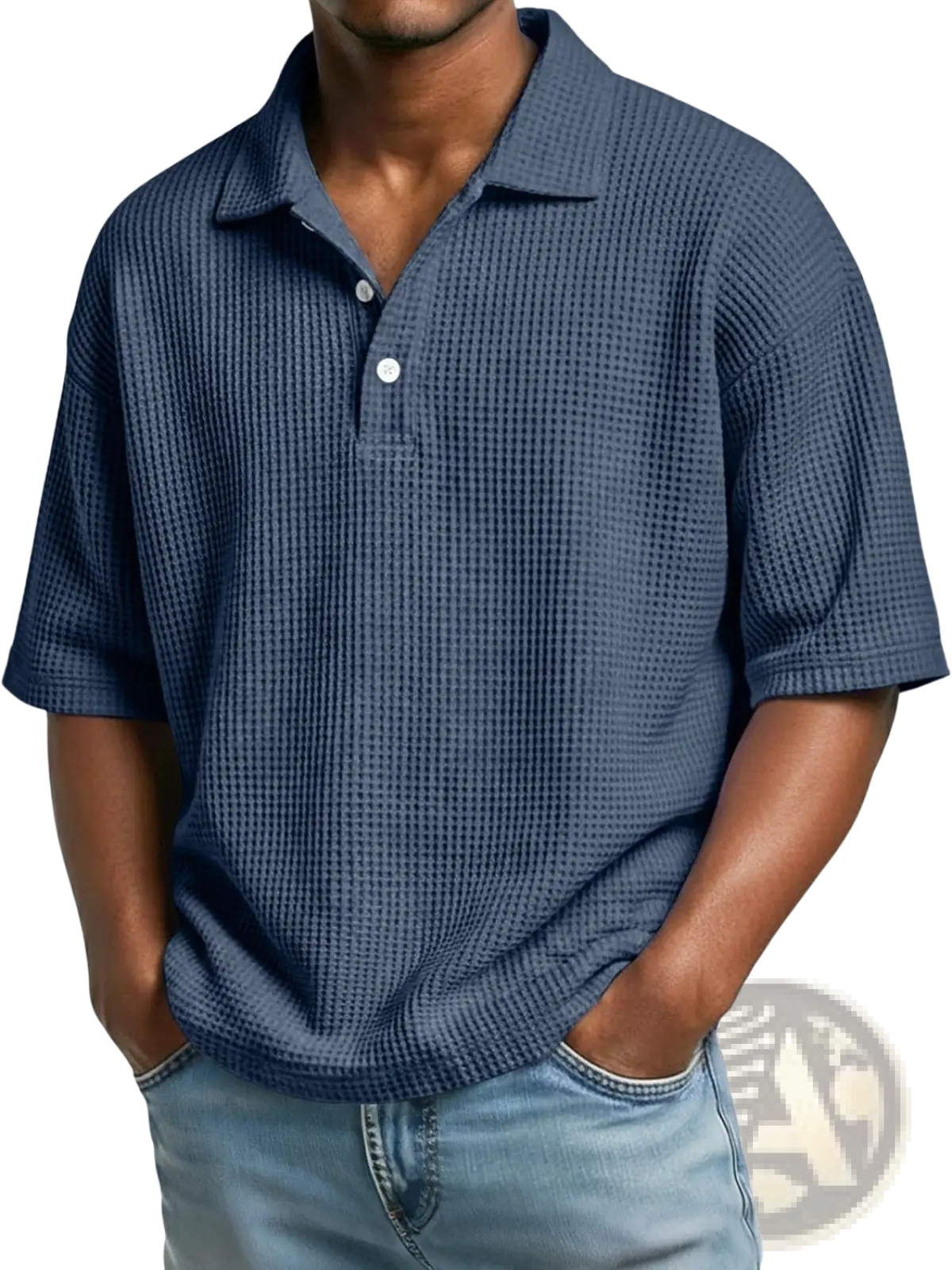 Navy blue men’s slim fit waffle knit short sleeve polo shirt with white buttons, made from textured fabric