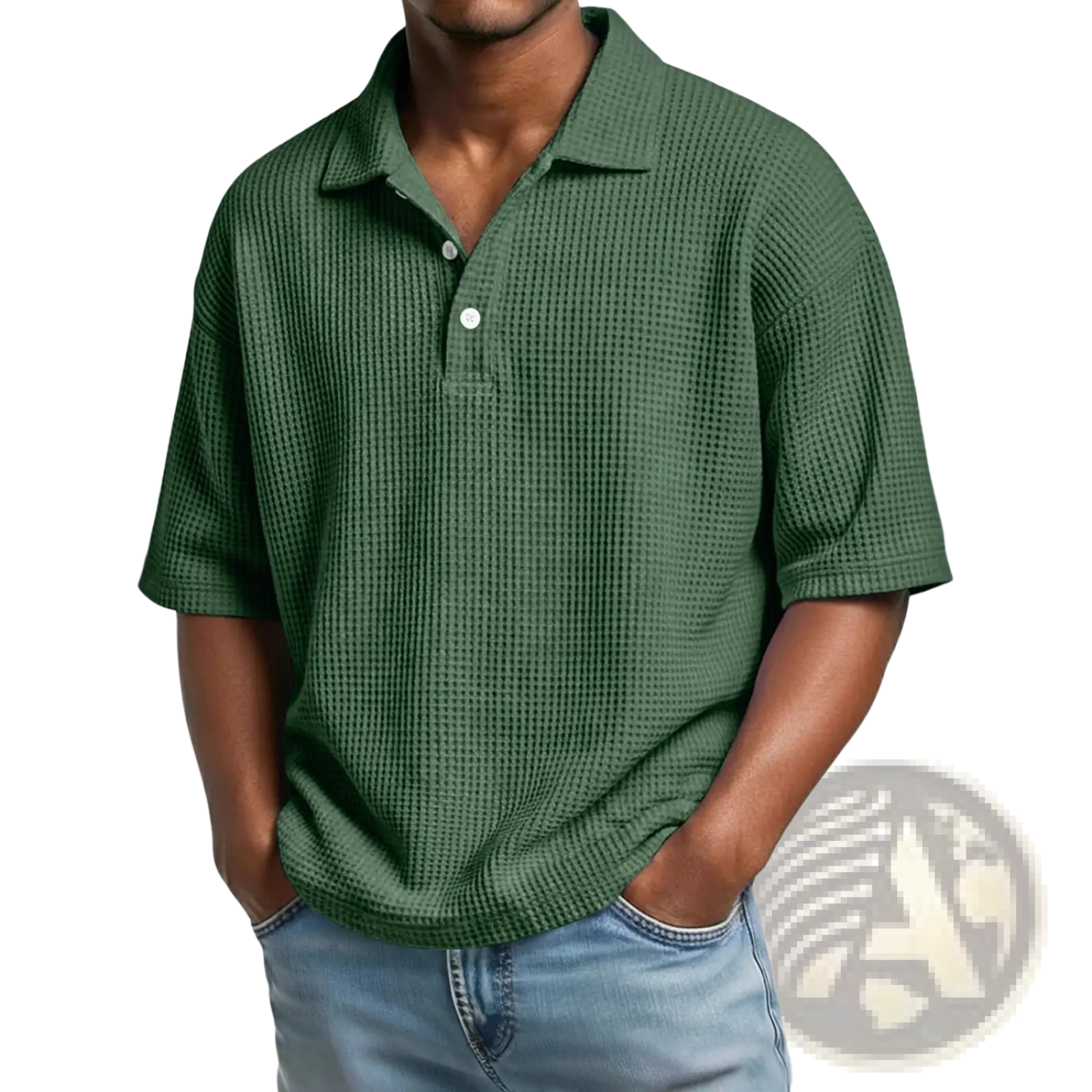 Men’s slim fit dark green waffle knit polo shirt with short sleeves and collar made from textured fabric