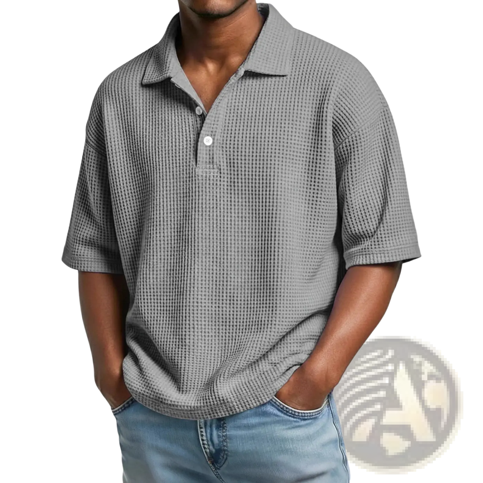 Men’s slim fit gray waffle knit short sleeve polo shirt with collar made of textured fabric for casual wear