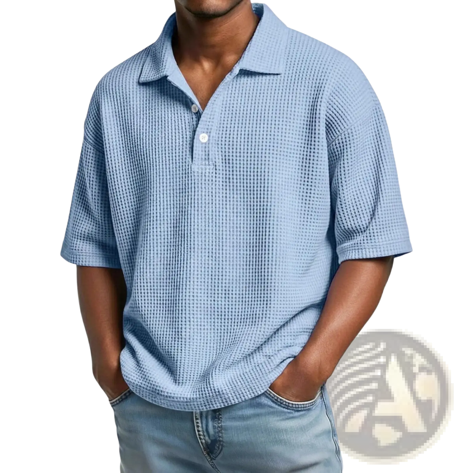 Light blue men’s slim fit waffle knit short sleeve polo shirt with collar crafted from textured knit fabric