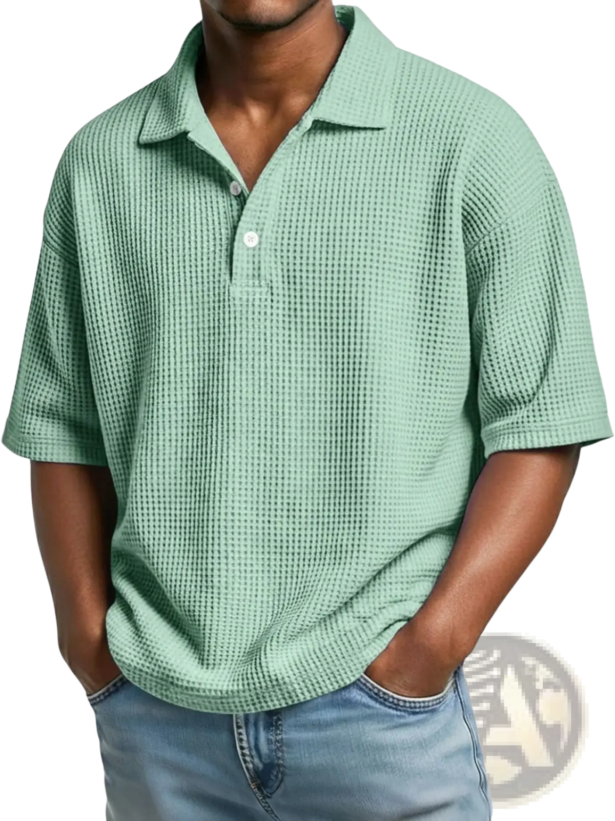 Men’s slim fit light green waffle knit short sleeve polo shirt with collar made of textured knit fabric