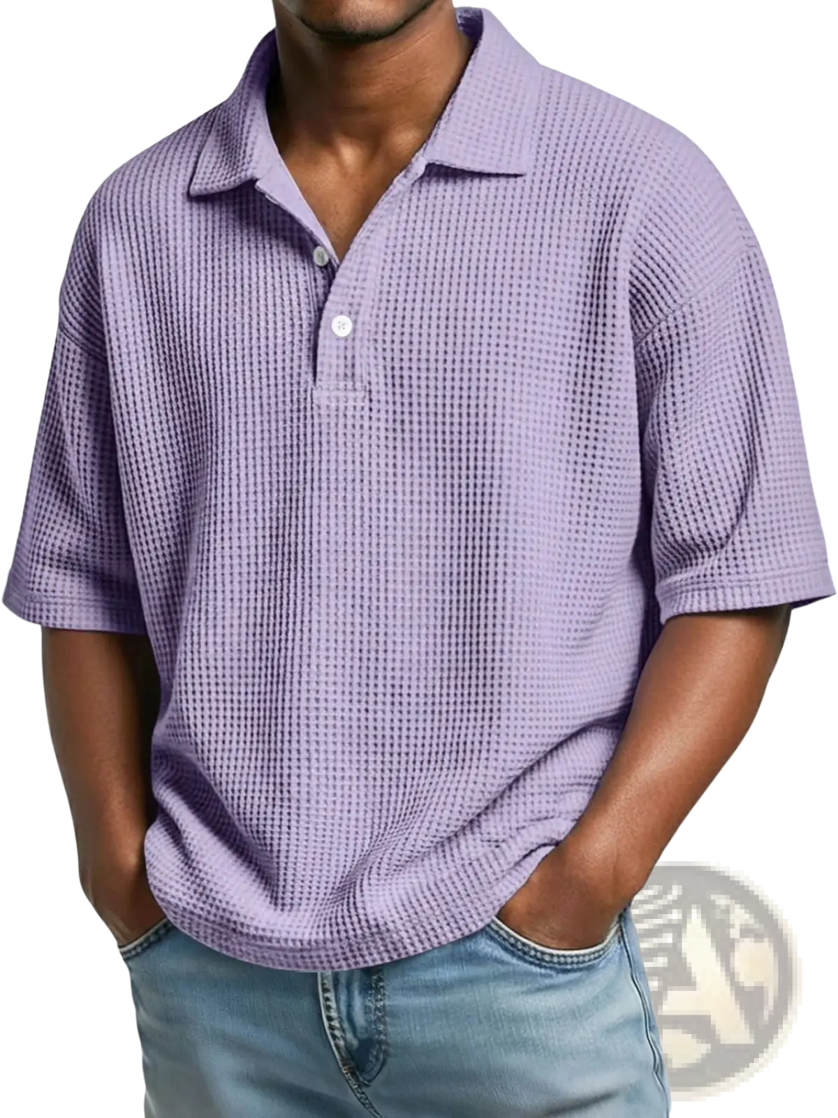 Men’s slim fit short sleeve polo shirt in lavender waffle knit fabric with classic collar for casual wear