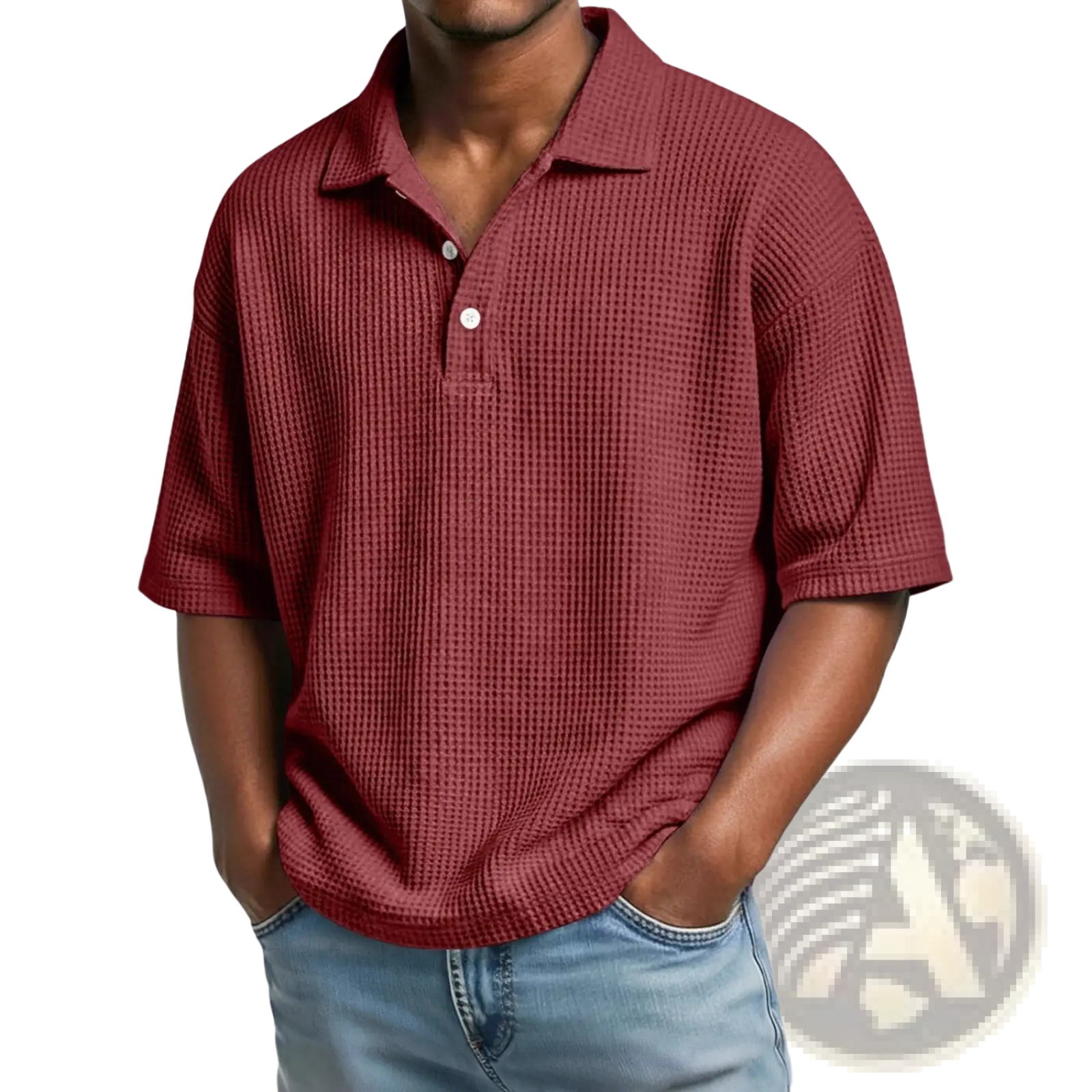 Men’s slim fit waffle knit short sleeve polo shirt in maroon with collar and white buttons made from textured fabric