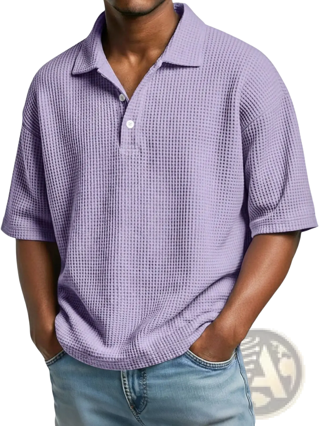 Lavender men’s slim fit waffle knit short sleeve polo shirt with collar and button placket