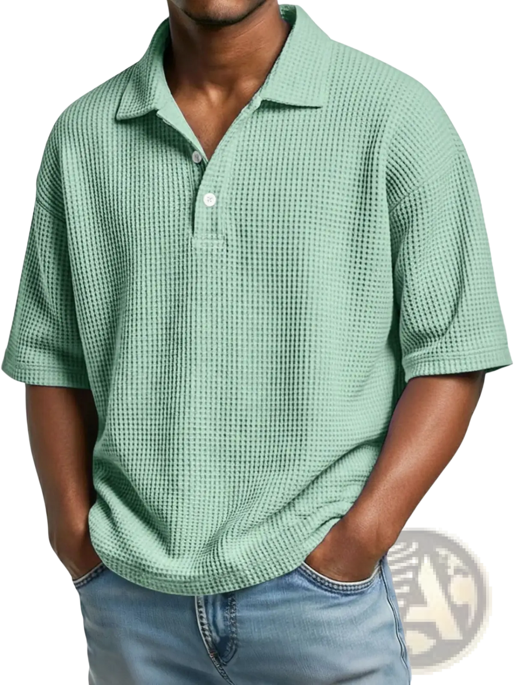 Light green men’s slim fit waffle knit short sleeve polo shirt with collar and textured knit fabric
