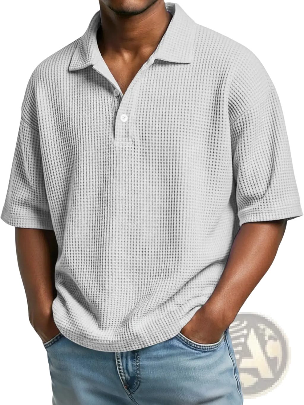 Men’s slim fit light gray waffle knit short sleeve polo shirt with classic collar and button placket