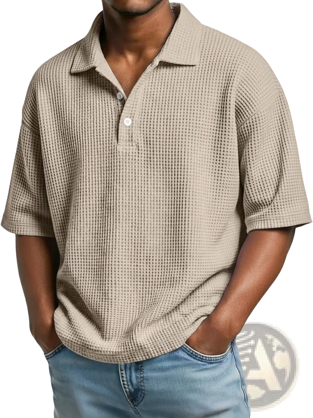 Beige slim fit waffle knit short sleeve polo shirt with collar and button placket for men